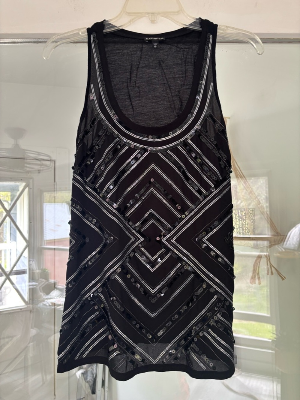 Express Black Sequined Geometric Tank Top